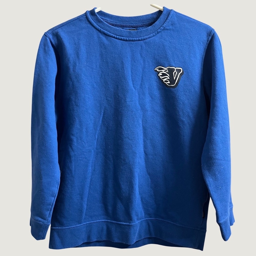 Vans Sweatshirt Kids L 14-16 Blue Graphic Back Skater Flame Logo Pullover